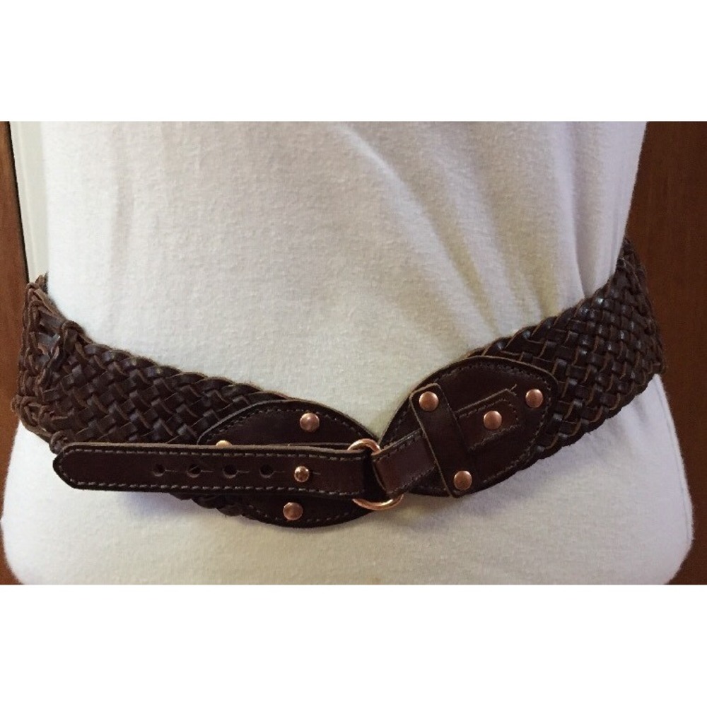 LINEA PELLE Braided Leather Medium Wide Belt Adjustable Waist Brown Gold Size M
